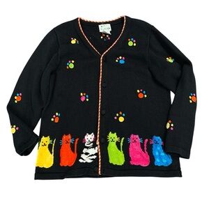 The Quacker Factory Women’s‎ size Large Black Cardigan Colorful Cats 90’s